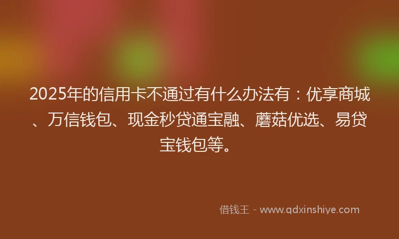 2025年的信用卡不通过有什么办法有：优享商城、万信钱包、现金秒贷通宝融、蘑菇优选、易贷宝钱包等。