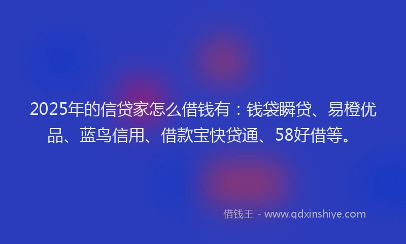 2025年的信贷家怎么借钱有：钱袋瞬贷、易橙优品、蓝鸟信用、借款宝快贷通、58好借等。