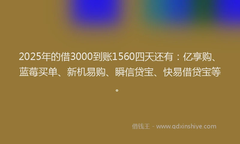 2025年的借3000到账1560四天还有：亿享购、蓝莓买单、新机易购、瞬信贷宝、快易借贷宝等。