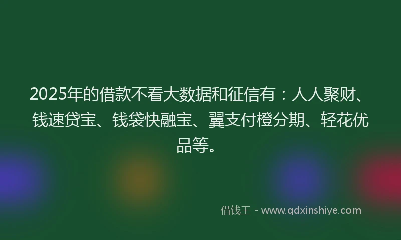 2025年的借款不看大数据和征信有：人人聚财、钱速贷宝、钱袋快融宝、翼支付橙分期、轻花优品等。