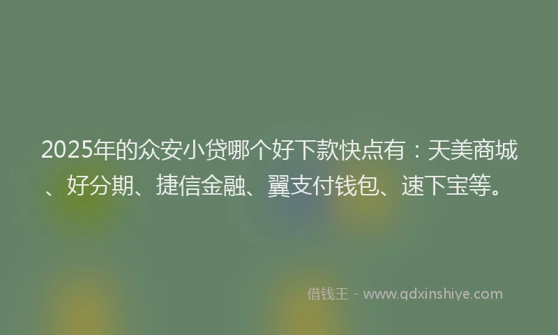 2025年的众安小贷哪个好下款快点有：天美商城、好分期、捷信金融、翼支付钱包、速下宝等。