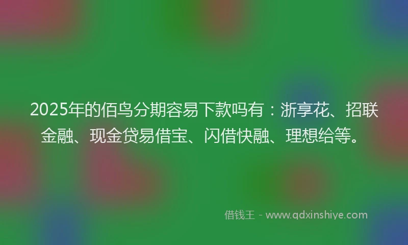 2025年的佰鸟分期容易下款吗有：浙享花、招联金融、现金贷易借宝、闪借快融、理想给等。