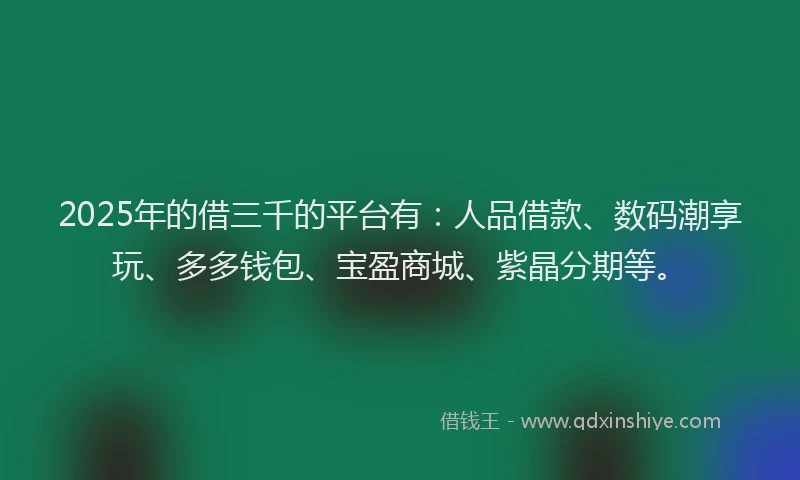 2025年的借三千的平台有：人品借款、数码潮享玩、多多钱包、宝盈商城、紫晶分期等。