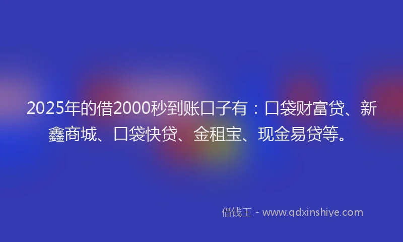 2025年的借2000秒到账口子有：口袋财富贷、新鑫商城、口袋快贷、金租宝、现金易贷等。