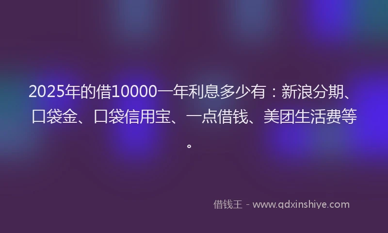 2025年的借10000一年利息多少有：新浪分期、口袋金、口袋信用宝、一点借钱、美团生活费等。