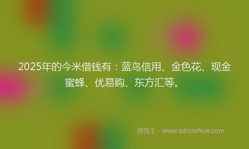 2025年的今米借钱有：蓝鸟信用、金色花、现金蜜蜂、优易购、东方汇等。