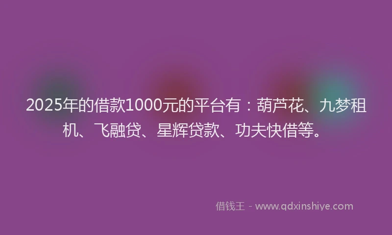 2025年的借款1000元的平台有：葫芦花、九梦租机、飞融贷、星辉贷款、功夫快借等。