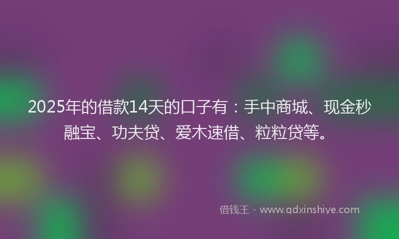 2025年的借款14天的口子有：手中商城、现金秒融宝、功夫贷、爱木速借、粒粒贷等。