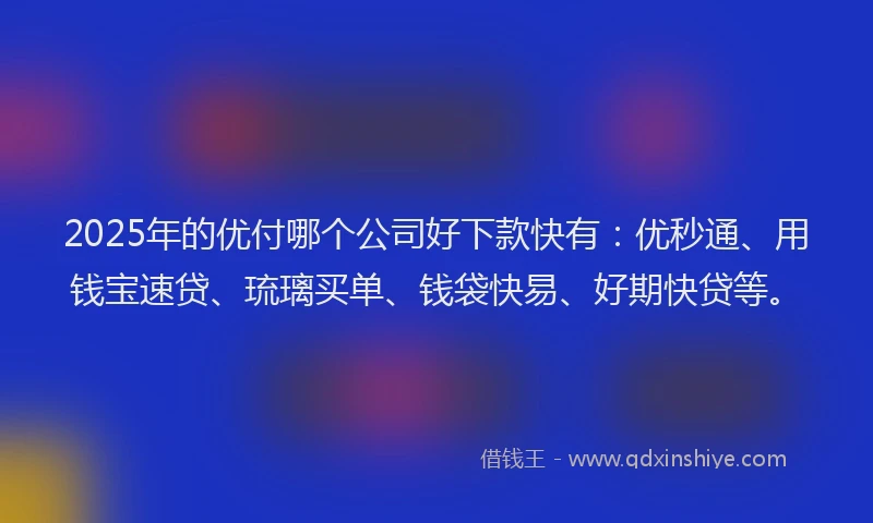 2025年的优付哪个公司好下款快有：优秒通、用钱宝速贷、琉璃买单、钱袋快易、好期快贷等。