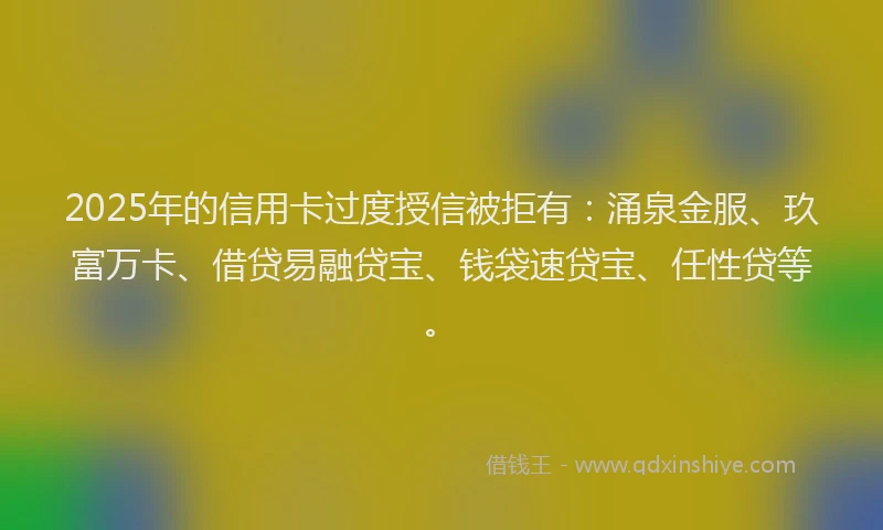 2025年的信用卡过度授信被拒有：涌泉金服、玖富万卡、借贷易融贷宝、钱袋速贷宝、任性贷等。