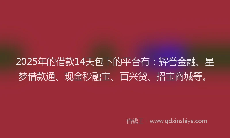 2025年的借款14天包下的平台有：辉誉金融、星梦借款通、现金秒融宝、百兴贷、招宝商城等。