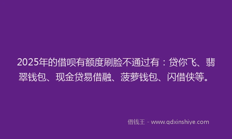 2025年的借呗有额度刷脸不通过有：贷你飞、翡翠钱包、现金贷易借融、菠萝钱包、闪借侠等。