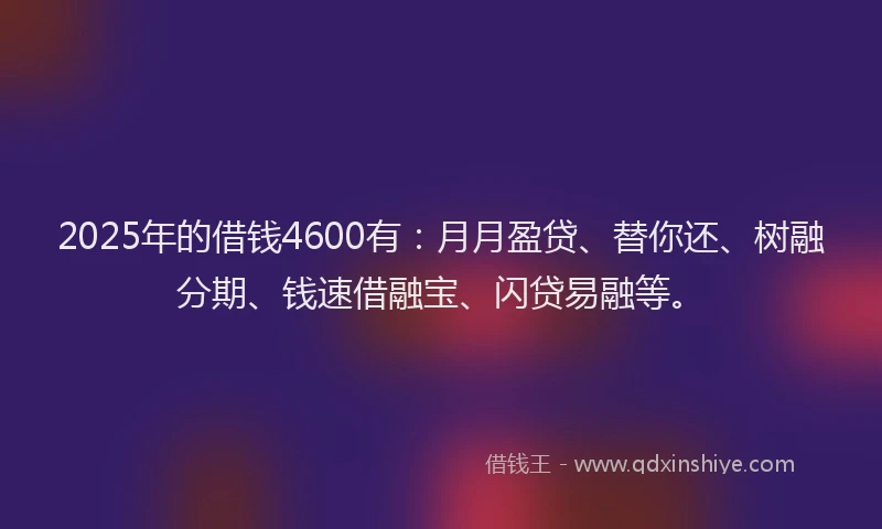 2025年的借钱4600有：月月盈贷、替你还、树融分期、钱速借融宝、闪贷易融等。