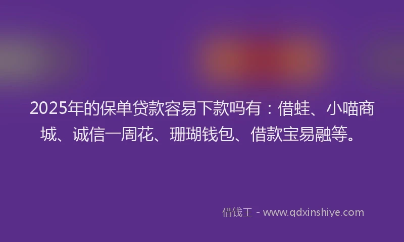 2025年的保单贷款容易下款吗有：借蛙、小喵商城、诚信一周花、珊瑚钱包、借款宝易融等。