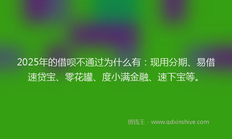 2025年的借呗不通过为什么有：现用分期、易借速贷宝、零花罐、度小满金融、速下宝等。