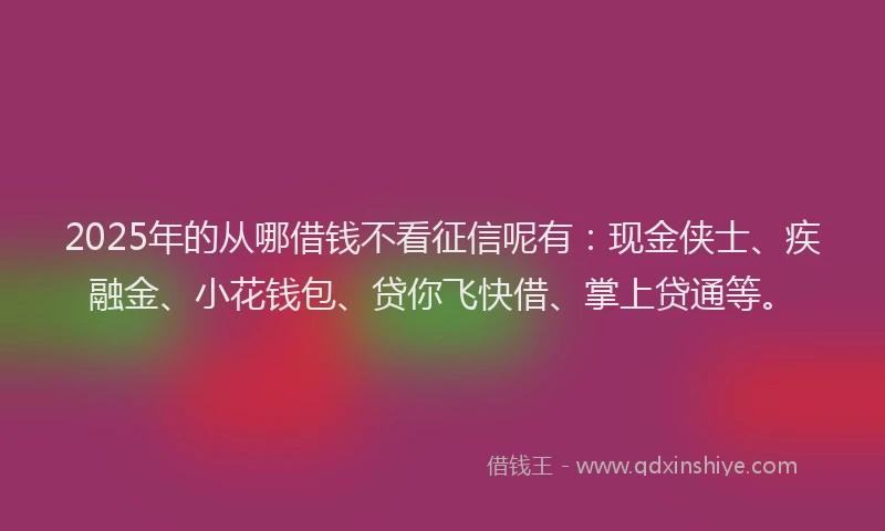 2025年的从哪借钱不看征信呢有：现金侠士、疾融金、小花钱包、贷你飞快借、掌上贷通等。