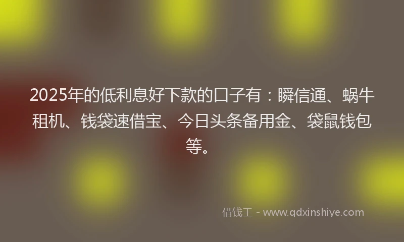 2025年的低利息好下款的口子有：瞬信通、蜗牛租机、钱袋速借宝、今日头条备用金、袋鼠钱包等。