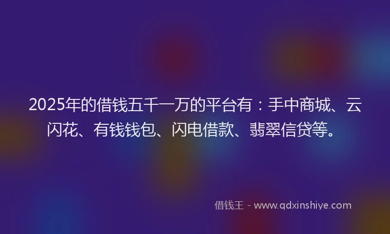 2025年的借钱五千一万的平台有：手中商城、云闪花、有钱钱包、闪电借款、翡翠信贷等。