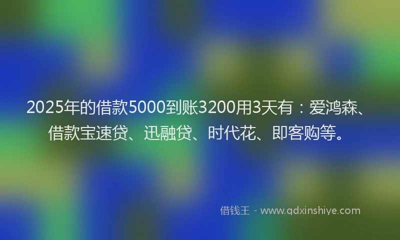 2025年的借款5000到账3200用3天有：爱鸿森、借款宝速贷、迅融贷、时代花、即客购等。