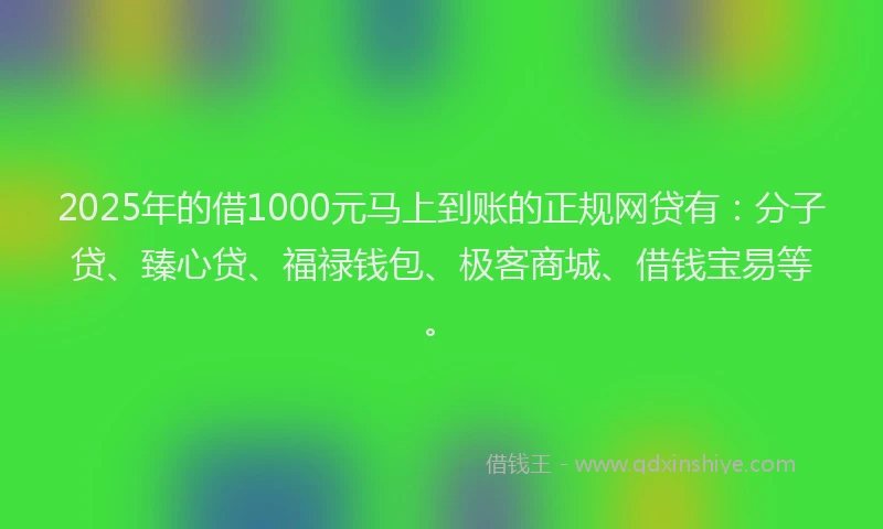 2025年的借1000元马上到账的正规网贷有：分子贷、臻心贷、福禄钱包、极客商城、借钱宝易等。