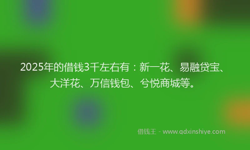 2025年的借钱3千左右有：新一花、易融贷宝、大洋花、万信钱包、兮悦商城等。