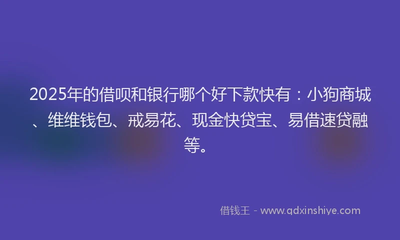 2025年的借呗和银行哪个好下款快有：小狗商城、维维钱包、戒易花、现金快贷宝、易借速贷融等。