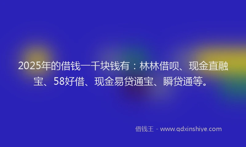 2025年的借钱一千块钱有：林林借呗、现金直融宝、58好借、现金易贷通宝、瞬贷通等。
