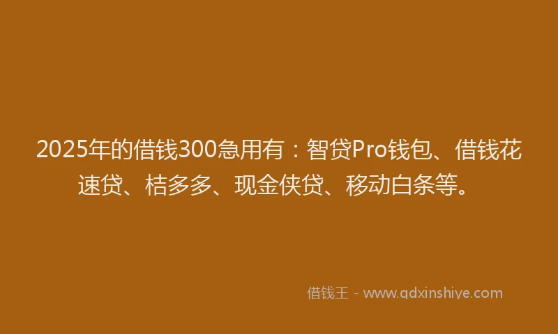2025年的借钱300急用有：智贷Pro钱包、借钱花速贷、桔多多、现金侠贷、移动白条等。