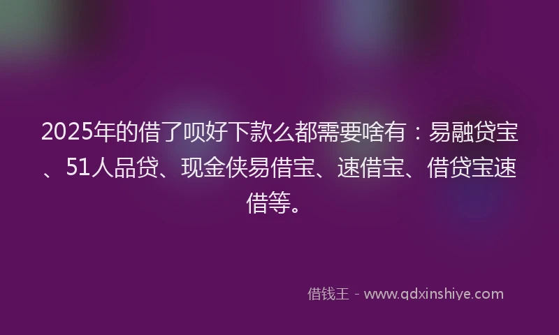 2025年的借了呗好下款么都需要啥有：易融贷宝、51人品贷、现金侠易借宝、速借宝、借贷宝速借等。