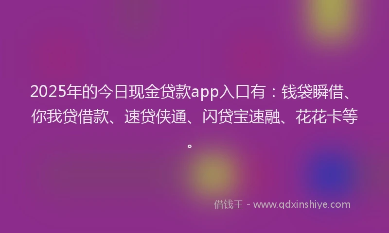2025年的今日现金贷款app入口有：钱袋瞬借、你我贷借款、速贷侠通、闪贷宝速融、花花卡等。