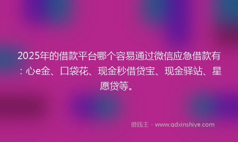 2025年的借款平台哪个容易通过微信应急借款有：心e金、口袋花、现金秒借贷宝、现金驿站、星愿贷等。