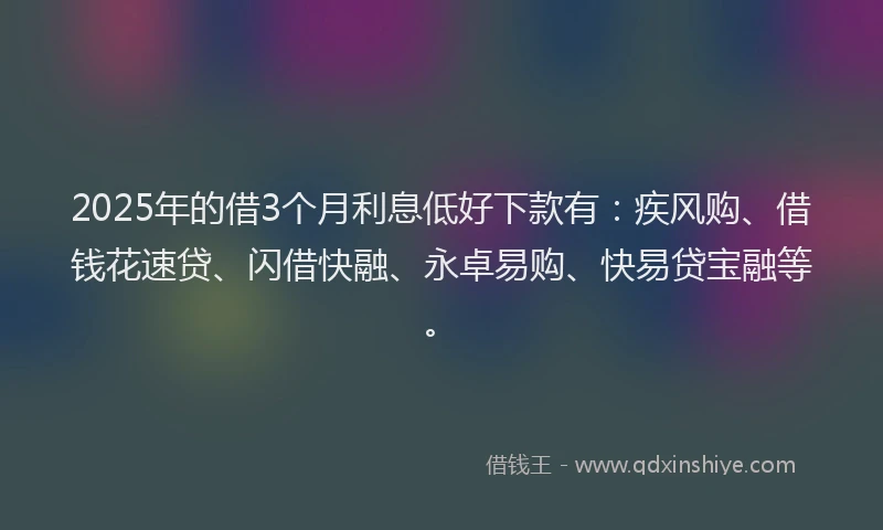 2025年的借3个月利息低好下款有：疾风购、借钱花速贷、闪借快融、永卓易购、快易贷宝融等。