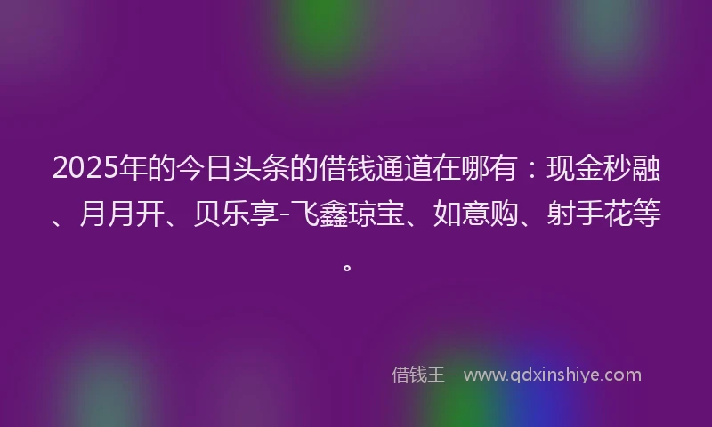 2025年的今日头条的借钱通道在哪有：现金秒融、月月开、贝乐享-飞鑫琼宝、如意购、射手花等。