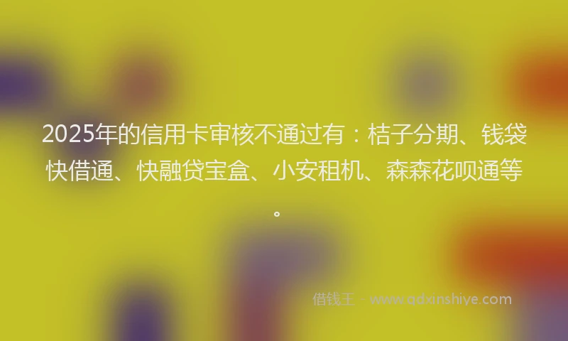 2025年的信用卡审核不通过有：桔子分期、钱袋快借通、快融贷宝盒、小安租机、森森花呗通等。