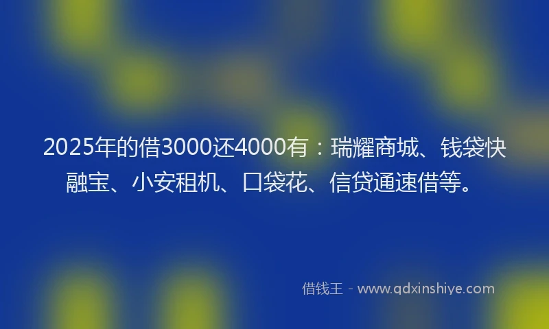 2025年的借3000还4000有：瑞耀商城、钱袋快融宝、小安租机、口袋花、信贷通速借等。