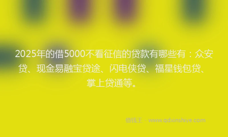 2025年的借5000不看征信的贷款有哪些有：众安贷、现金易融宝贷途、闪电侠贷、福星钱包贷、掌上贷通等。