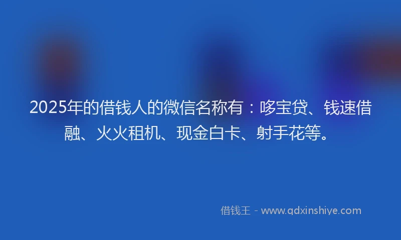 2025年的借钱人的微信名称有：哆宝贷、钱速借融、火火租机、现金白卡、射手花等。