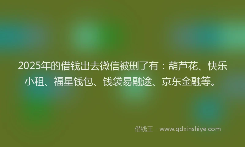 2025年的借钱出去微信被删了有：葫芦花、快乐小租、福星钱包、钱袋易融途、京东金融等。