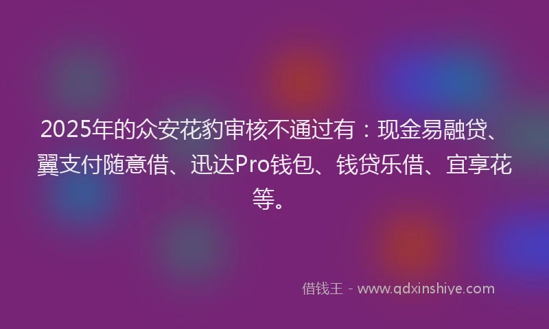 2025年的众安花豹审核不通过有：现金易融贷、翼支付随意借、迅达Pro钱包、钱贷乐借、宜享花等。
