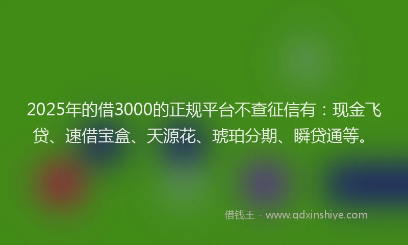 2025年的借3000的正规平台不查征信有：现金飞贷、速借宝盒、天源花、琥珀分期、瞬贷通等。