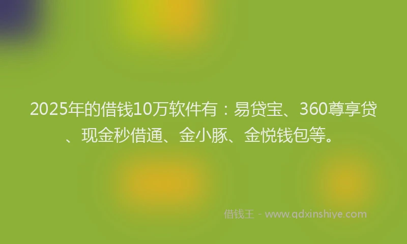 2025年的借钱10万软件有：易贷宝、360尊享贷、现金秒借通、金小豚、金悦钱包等。