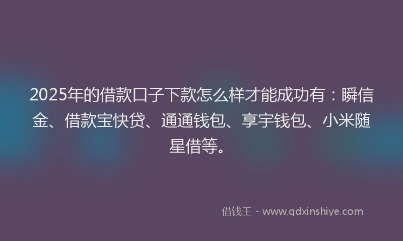 2025年的借款口子下款怎么样才能成功有：瞬信金、借款宝快贷、通通钱包、享宇钱包、小米随星借等。