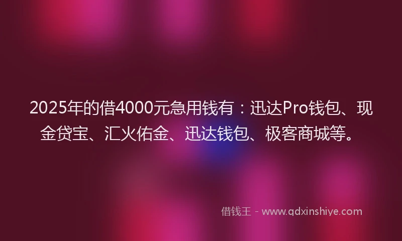 2025年的借4000元急用钱有：迅达Pro钱包、现金贷宝、汇火佑金、迅达钱包、极客商城等。