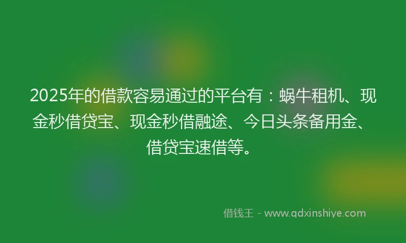 2025年的借款容易通过的平台有：蜗牛租机、现金秒借贷宝、现金秒借融途、今日头条备用金、借贷宝速借等。
