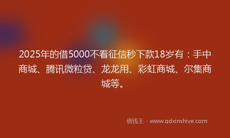 2025年的借5000不看征信秒下款18岁有：手中商城、腾讯微粒贷、龙龙用、彩虹商城、尔集商城等。