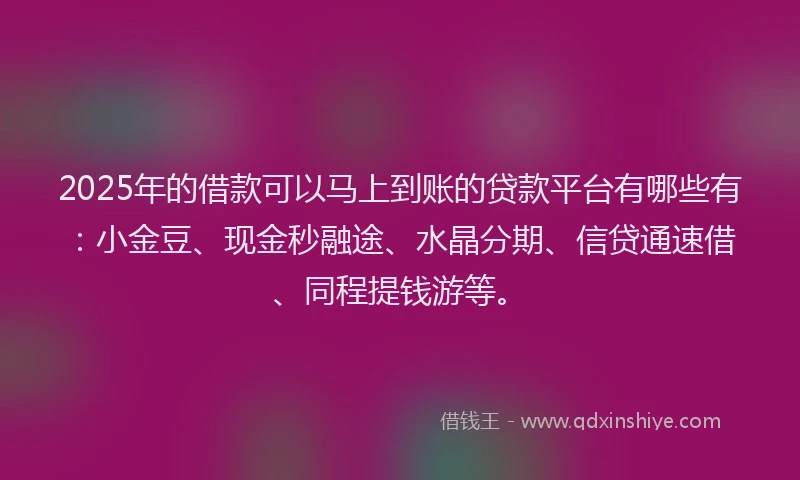 2025年的借款可以马上到账的贷款平台有哪些有：小金豆、现金秒融途、水晶分期、信贷通速借、同程提钱游等。