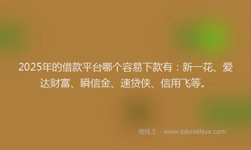 2025年的借款平台哪个容易下款有：新一花、爱达财富、瞬信金、速贷侠、信用飞等。