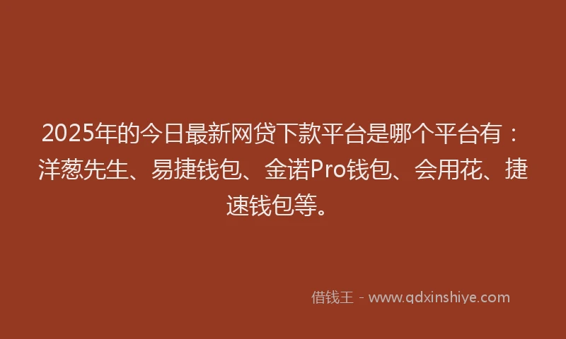2025年的今日最新网贷下款平台是哪个平台有：洋葱先生、易捷钱包、金诺Pro钱包、会用花、捷速钱包等。