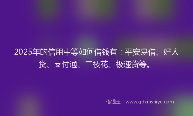 2025年的信用中等如何借钱有：平安易借、好人贷、支付通、三枝花、极速贷等。
