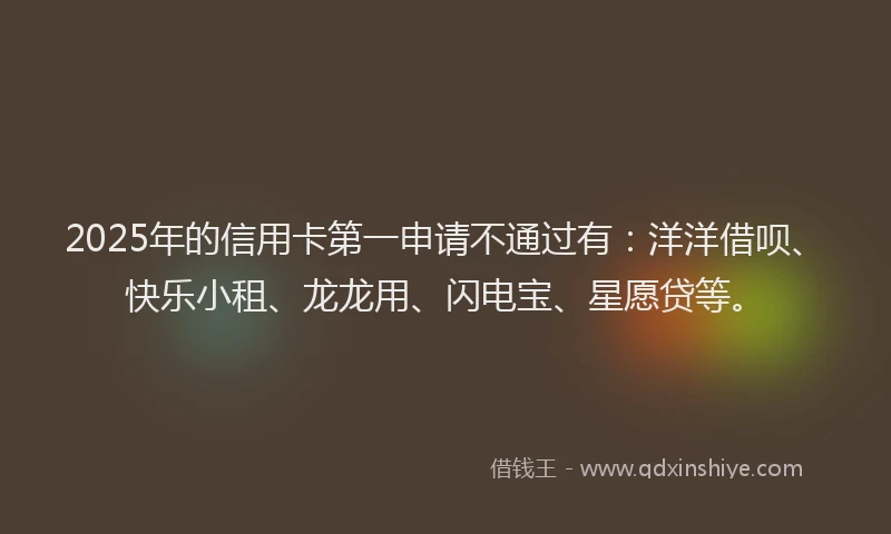 2025年的信用卡第一申请不通过有：洋洋借呗、快乐小租、龙龙用、闪电宝、星愿贷等。
